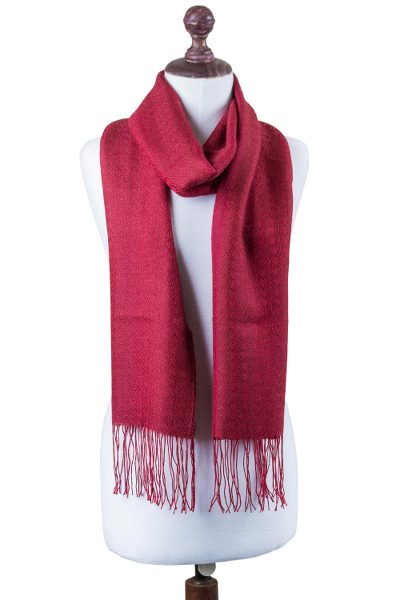 Alpaca blend scarf, 'Intense Love in Crimson' - Handwoven Alpaca Blend Wrap Scarf in Crimson from Peru