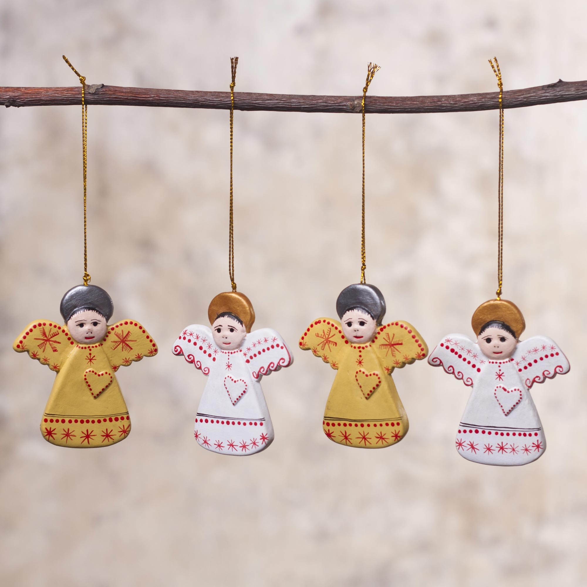 Four Hand-Painted Ceramic Angel Ornaments from Peru - Angel Party | NOVICA