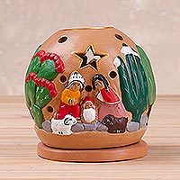 Ceramic tealight candle holder, 'Celebration of Life' - Handcrafted Nativity Tealight Holder from Peru