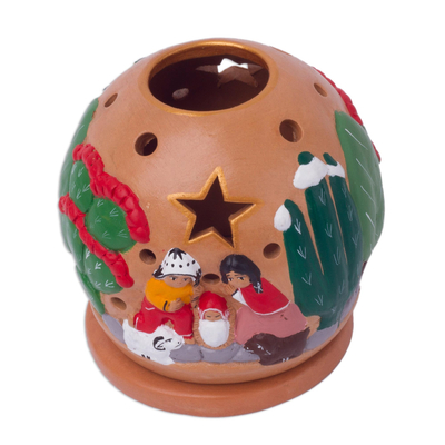 Ceramic tealight candle holder, 'Celebration of Life' - Handcrafted Nativity Tealight Holder from Peru