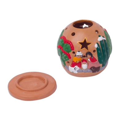 Ceramic tealight candle holder, 'Celebration of Life' - Handcrafted Nativity Tealight Holder from Peru