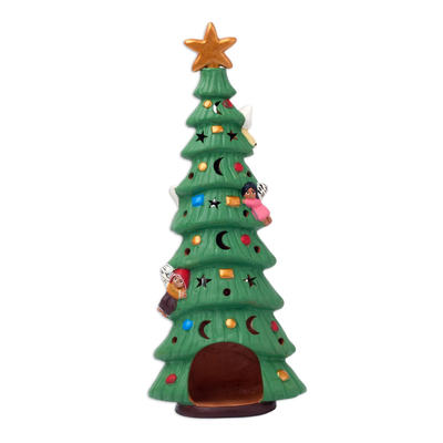 Ceramic incense burner, 'Nativity Aroma' - Christmas Tree Shaped Ceramic Incense Burner from Peru