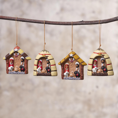 Ceramic ornaments, 'Andean Celebration' (set of 4) - Four Hand-Painted Ceramic Nativity Ornaments from Peru