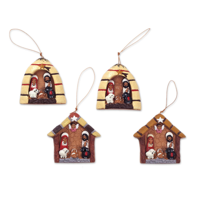 Four Hand-Painted Ceramic Nativity Ornaments from Peru