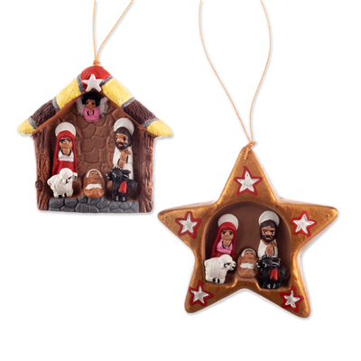 Ceramic ornaments, 'Happy Parties' (set of 4) - Set of Four Ceramic Nativity Ornaments from Peru