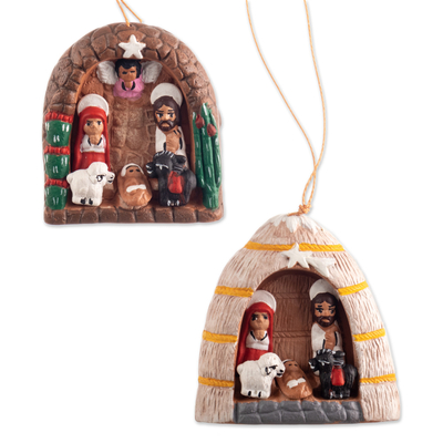 Ceramic ornaments, 'Happy Parties' (set of 4) - Set of Four Ceramic Nativity Ornaments from Peru