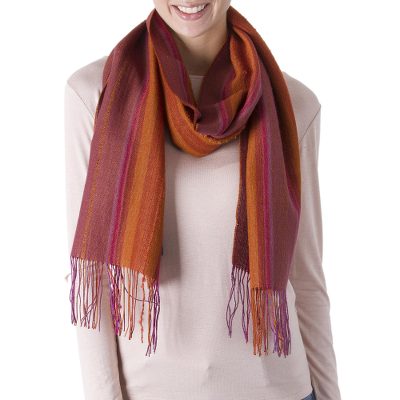 Alpaca blend scarf, 'Turning Leaf' - Handwoven Alpaca Blend Wrap Scarf with Stripes from Peru
