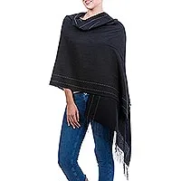 Alpaca blend shawl, 'Sensual Mystery' - Handwoven Alpaca Blend Shawl in Black from Peru