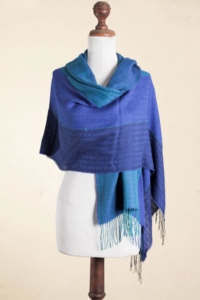 Alpaca blend shawl, 'Passionate Woman in Blue' - Handwoven Alpaca Blend Shawl with Blue Stripes from Peru