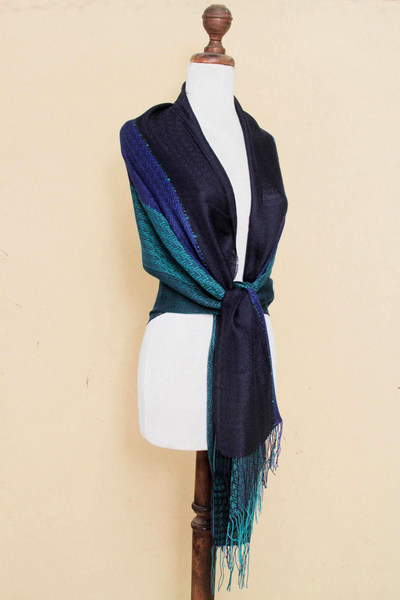 Alpaca blend shawl, 'Passionate Woman' - Alpaca Blend Shawl in Blue and Turquoise from Peru