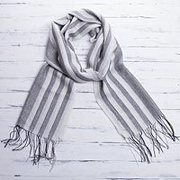 Men's alpaca blend scarf, 'Manly Stripes' - Men's Handwoven Alpaca Blend Wrap Scarf in Grey from Peru