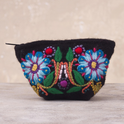 Alpaca blend coin purse, 'Peruvian Shopper' - Floral Embroidered Alpaca Blend Coin Purse from Peru
