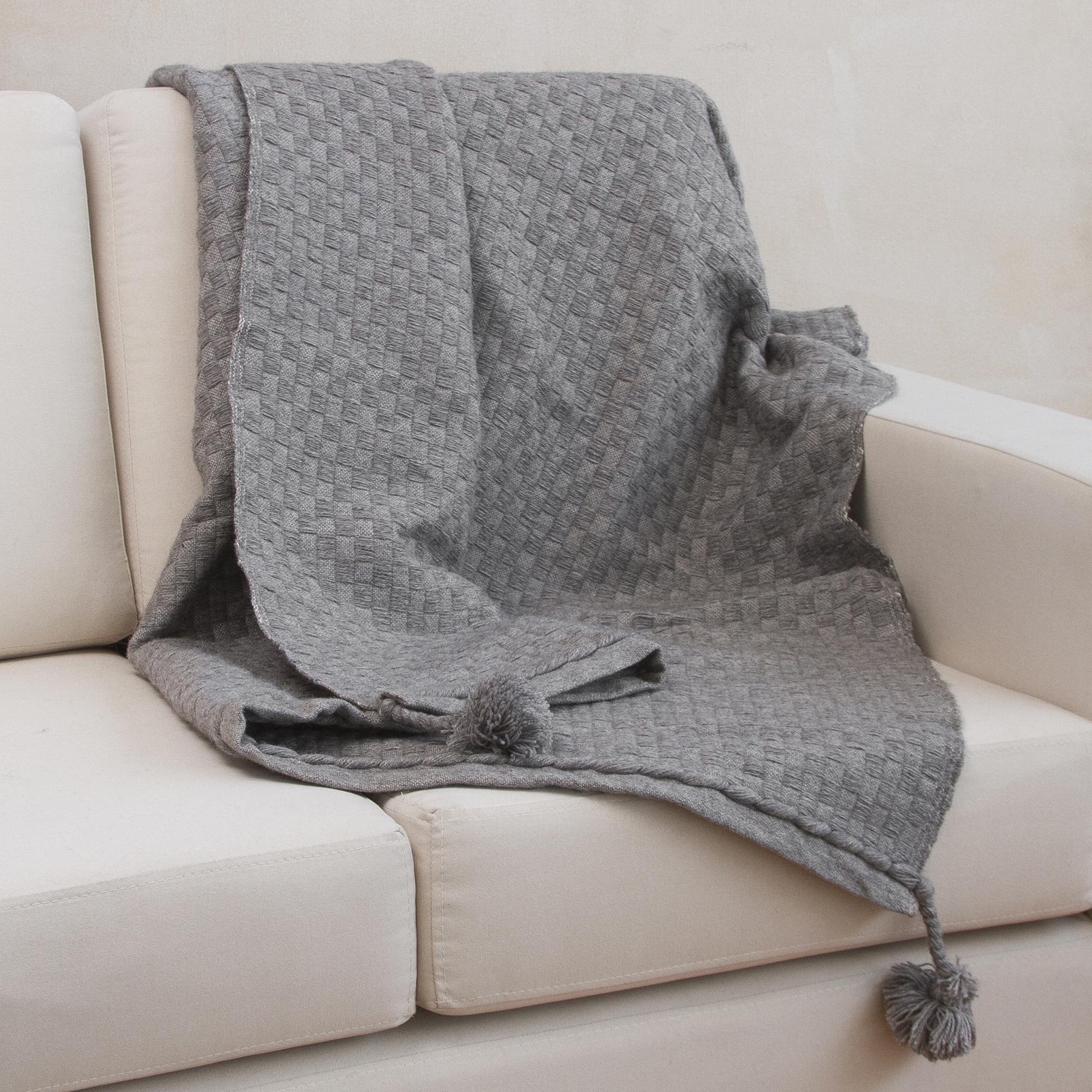 Neutral Grey Soft Alpaca Blend Throw Blanket with Tassels