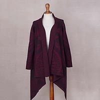 Alpaca blend kimono cardigan, 'Burgundy Andean Sunburst' - Alpaca Blend Jacquard Knit Open Burgundy Kimono Cardigan