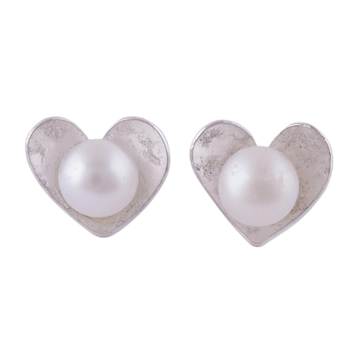 Peruvian Cultured Pearl Sterling Silver Heart Stud Earrings