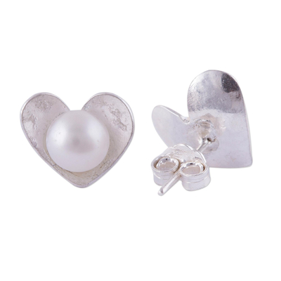 Cultured pearl stud earrings, 'Glowing Hearts' - Peruvian Cultured Pearl Sterling Silver Heart Stud Earrings