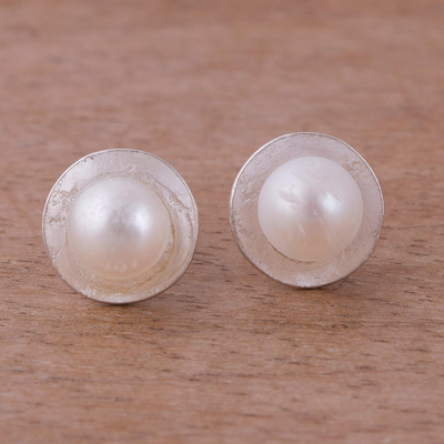 Aretes de perlas cultivadas - Aretes redondos de plata de ley con perlas cultivadas peruanas