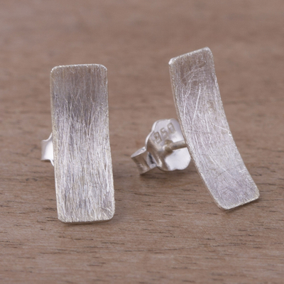 Sterling silver button earrings, 'Element of Simplicity' - Rectangular Sterling Silver Button Earrings from Peru