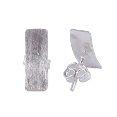 Sterling silver button earrings, 'Element of Simplicity' - Rectangular Sterling Silver Button Earrings from Peru
