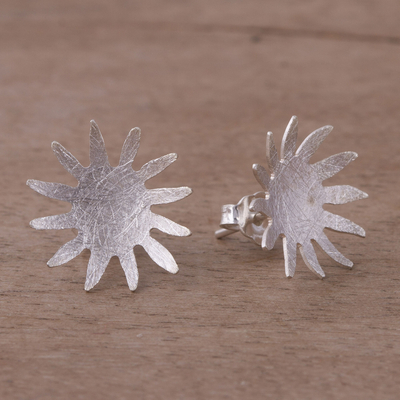 Sterling silver button earrings, 'Splash of Sun' - Peruvian Sun Shaped Sterling Silver Button Earrings