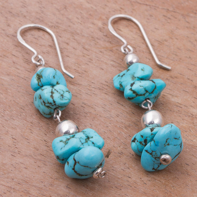 Sterling silver beaded dangle earrings, 'Peruvian Pebbles' - Sterling Silver and Reconstituted Turquoise Dangle Earrings