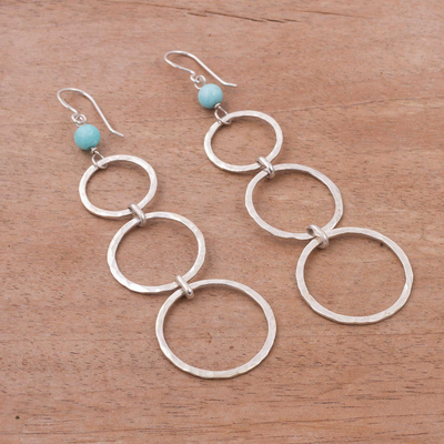 Amazonite dangle earrings, 'Silver Ripples' - Amazonite Bead and Sterling Silver Dangle Earrings from Peru