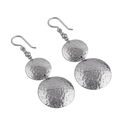 Sterling silver dangle earrings, 'Luminous Sentries' - Double Disk Sterling Silver Dangle Earrings from Peru