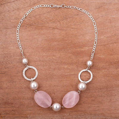 Rose quartz beaded pendant necklace, 'Rose Lady' - Rose Quartz and Sterling Silver Beaded Pendant Necklace