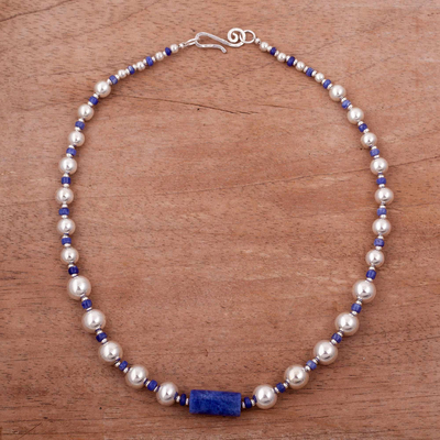 Sodalite beaded pendant necklace, 'Infinite Ocean' - Sodalite and Sterling Silver Beaded Necklace from Peru
