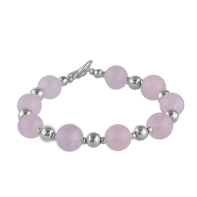 Rose quartz and sterling silver beaded bracelet, 'Pink Simplicity' - Rose Quartz and Sterling Silver Beaded Bracelet from Peru