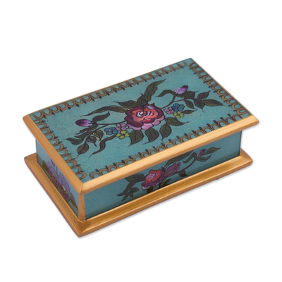 Reverse painted glass decorative box, 'Colonial Rose' - Reverse Painted Glass Decorative Box in Blue from Peru