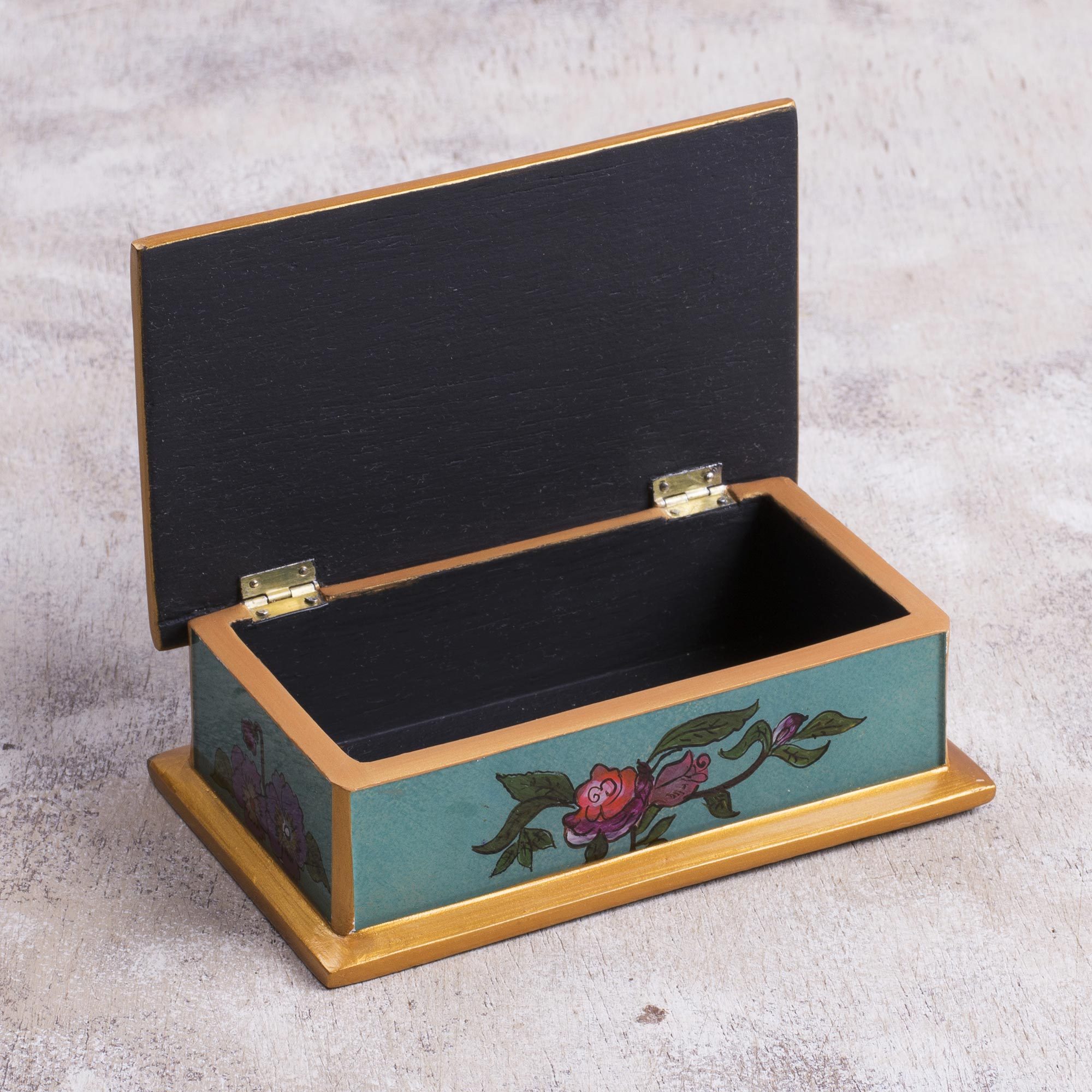 Reverse Painted Glass Decorative Box in Blue from Peru Colonial Rose