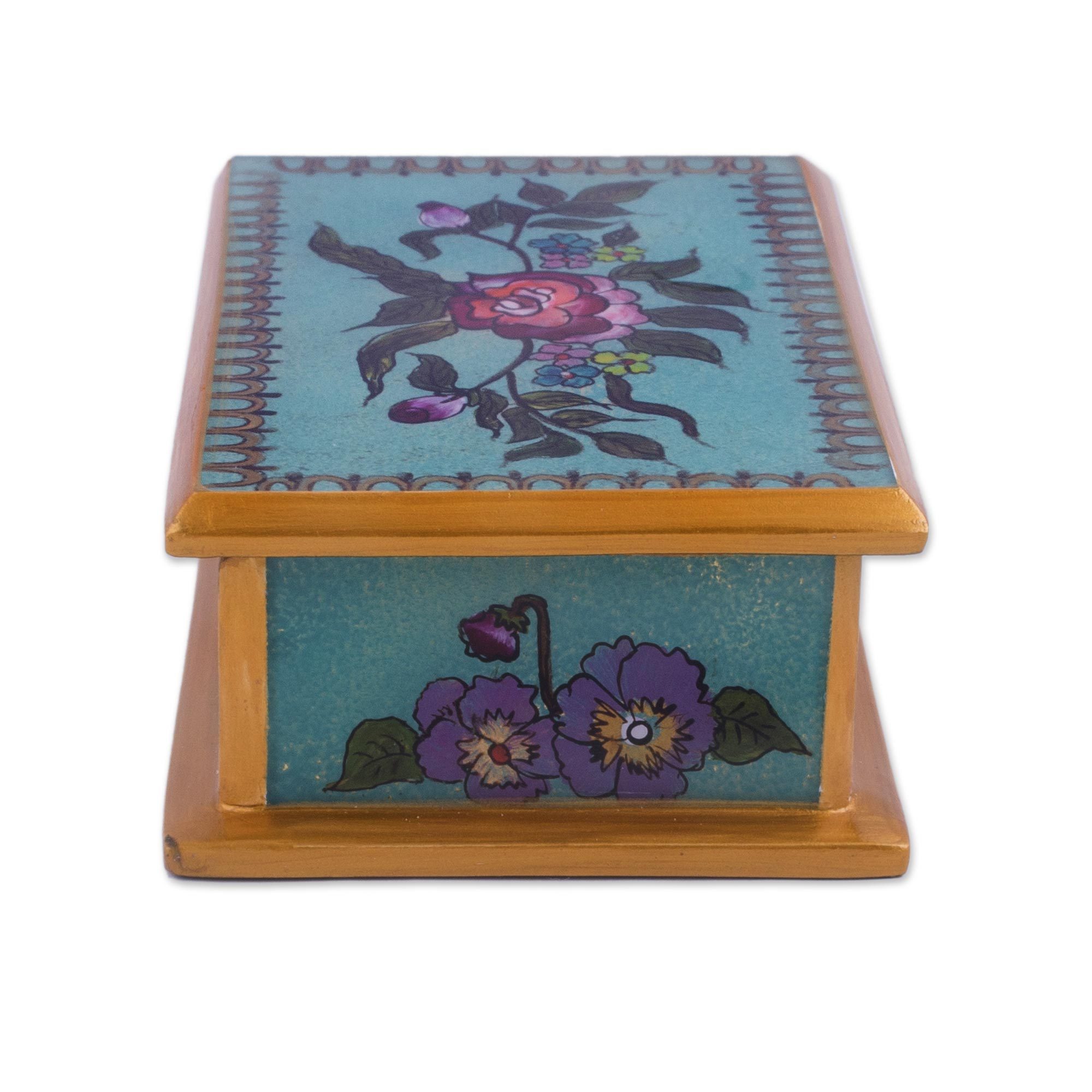 Reverse Painted Glass Decorative Box in Blue from Peru Colonial Rose