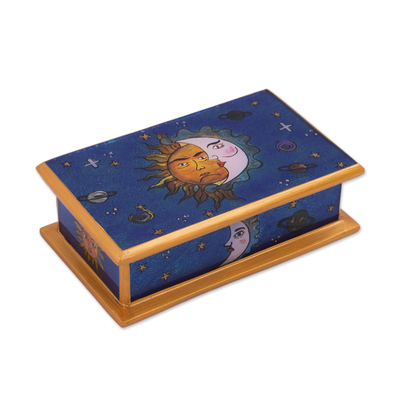 Reverse painted glass decorative box, 'Solar Love' - Sun-Themed Reverse Painted Glass Decorative Box from Peru