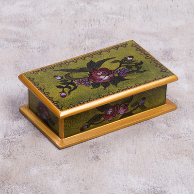 Reverse painted glass decorative box, 'Green Garden' - Reverse Painted Glass Decorative Box in Green from Peru