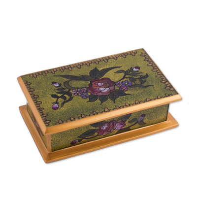 Reverse painted glass decorative box, 'Green Garden' - Reverse Painted Glass Decorative Box in Green from Peru
