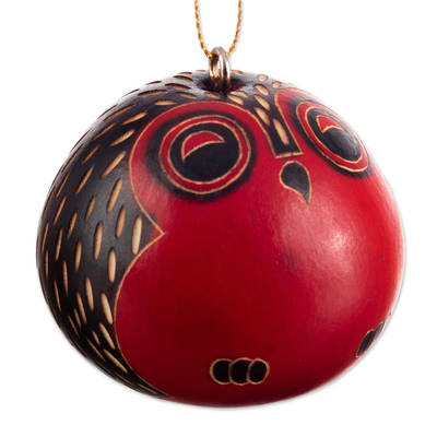 Dried mate gourd ornaments, 'Owl Sentries' (set of 4) - Red Dried Mate Gourd Owl Ornaments from Peru (set of 4)
