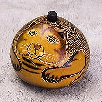 Caja de calabaza mate seca, 'Felino Andino' - Caja de gato de calabaza seca artesanal andina