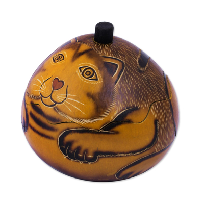 Dried mate gourd box, 'Andean Feline' - Andean Artisan Crafted Dried Mate Gourd Cat Box