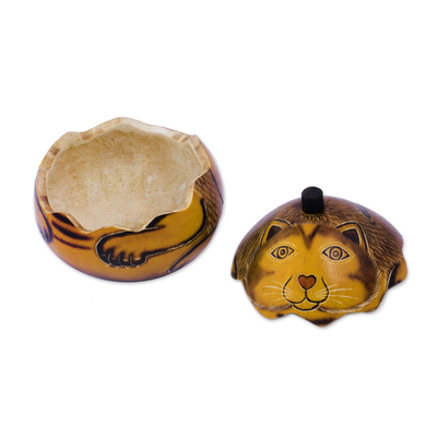 Dried mate gourd box, 'Andean Feline' - Andean Artisan Crafted Dried Mate Gourd Cat Box