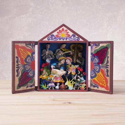 Wood retablo, 'Happy Dance' - Wood and Plaster Dance Retablo from Peru