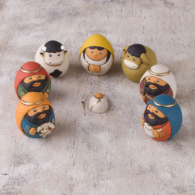 Ceramic nativity scene, 'Christmas Egg-citement' (7 pieces) - 7 Piece Egg-Shaped Diminutive Ceramic Nativity Scene