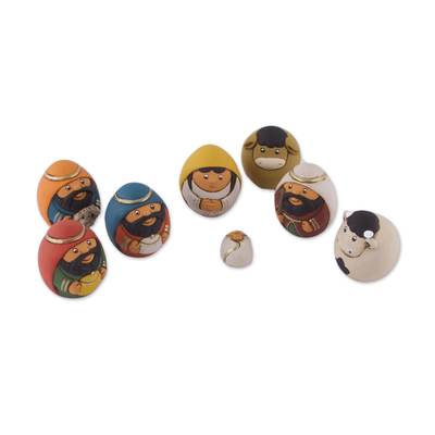 Ceramic nativity scene, 'Christmas Egg-citement' (7 pieces) - 7 Piece Egg-Shaped Diminutive Ceramic Nativity Scene
