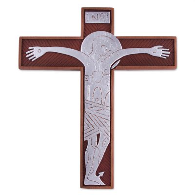 Cedar and aluminum wall cross, 'Byzantine Christ in Silver' - Handcrafted Cedar and Aluminum Wall Cross from Peru
