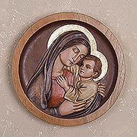 Cedar relief panel, 'Mama Ashu' - Mary and Jesus Cedar Wood Relief Panel from Peru