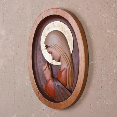 Cedar relief panel, 'Blissful Mary' - Cedar Wood Wall Relief Panel of Mary from Peru