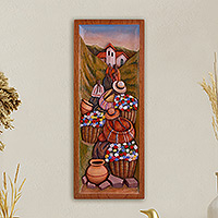 Cedar relief panel, 'Countryside Flowers' - Cedar Wood Wall Panel of Flower Farmers from Peru