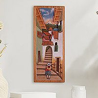 Panel de relieve de cedro, 'Calle de los Pasos' - Panel de relieve de madera de cedro de Cuzco de Perú
