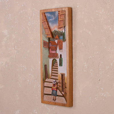 Cedar relief panel, 'Street of Steps' - Cedar Wood Relief Panel of Cuzco from Peru