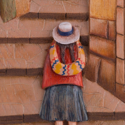 Cedar relief panel, 'Street of Steps' - Cedar Wood Relief Panel of Cuzco from Peru